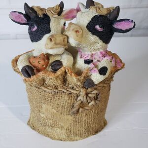 Cute Cows in Burlap Sack Resin Figurine Farmhouse Decor Country Accent